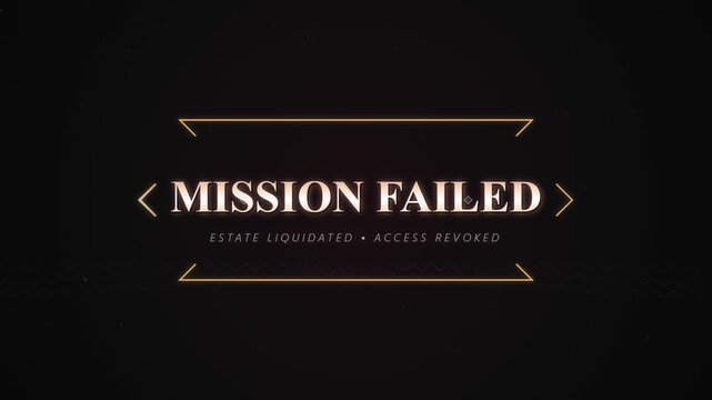 Mission failed text animation with golden elegant frames on dark background