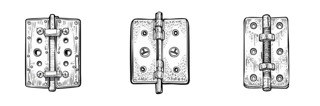 Vintage hinge set hardware with screws and bolts antique construction details