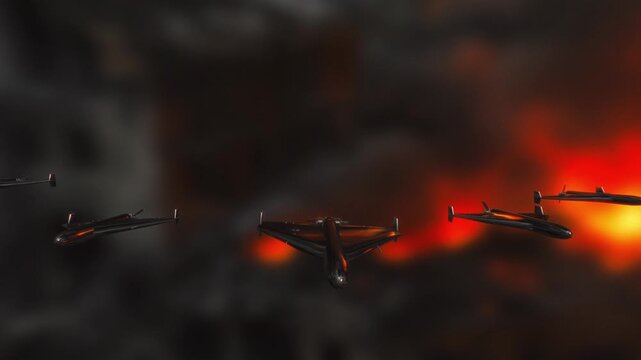 Fleet of black suicide drones flying towards a bright orange explosion in a dark smoky sky in a dramatic 3D military rendering