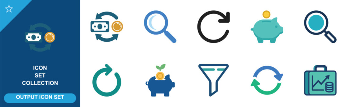 Icon set collection output icon set, financial transactions and search functionality symbols.