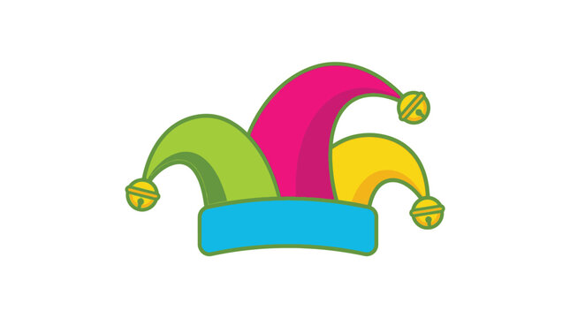 Colorful jester hat vector illustration featuring vibrant pink green and yellow segments with golden bells