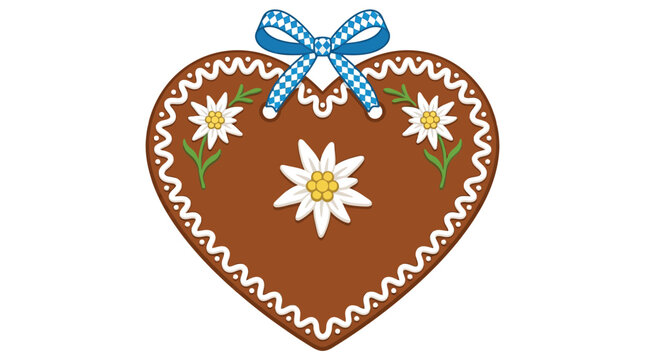 Decorative brown gingerbread heart vector illustration featuring white edelweiss flowers and a blue checkered ribbon