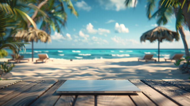 Laptop on wooden table against blurred tropical beach backdrop. Remote work and vacation concept
