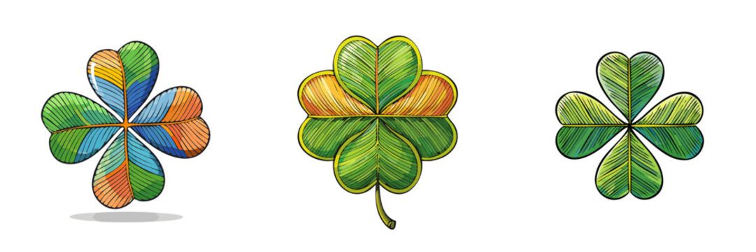 Set of graphic clovers with colorful and green foliage against a white background
