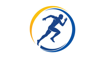 Fototapeta premium Blue running athlete silhouette inside a circular yellow and blue abstract vector graphic design element