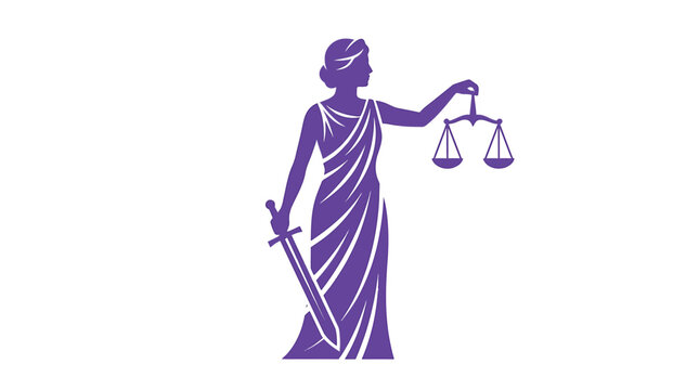Purple vector illustration of lady justice holding a balanced scale and a sharp steel sword