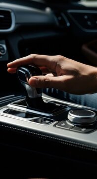 Close-up of a hand shifting an automatic car gear selector in a modern, luxurious vehicle interior with dynamic lighting.