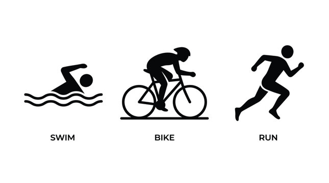 Minimalist black vector illustration showing three athletic symbols for swimming biking and running sports activities