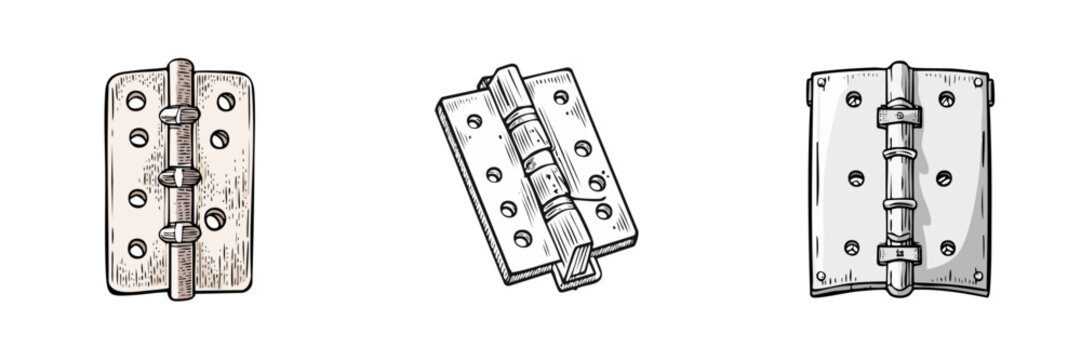 Set of three metal door hinges in sketch style isolated on white background