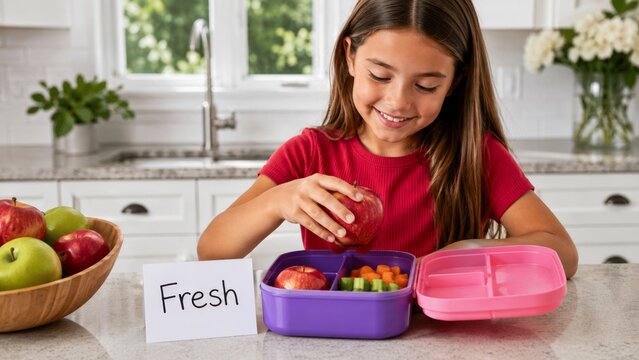 Schoolgirl packing apples into a healthy lunch in bright kitchen