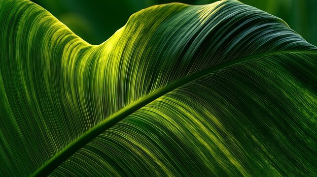 Sunlight highlights a big green banana leaf's patterns and textures, showing nature's beauty in a warm, tropical place.