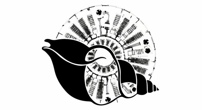 Intricate black and white illustration of a stylized ammonite fossil with geometric patterns