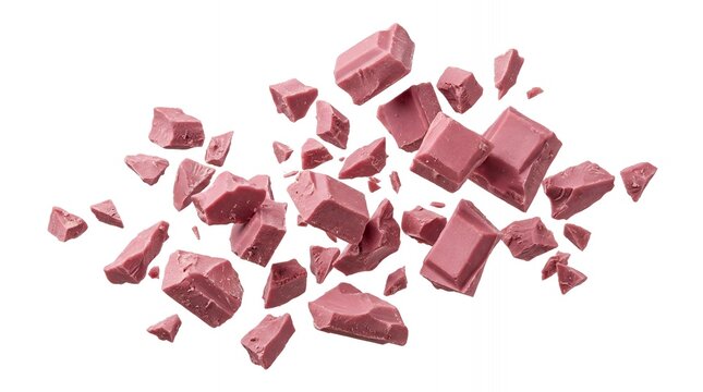 Broken pink ruby chocolate pieces falling and flying isolated on white background gourmet cocoa chunks