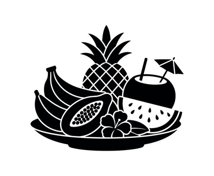 Tropical fruit platter with pineapple, bananas, papaya, coconut and watermelon. Exotic, summer, fresh, juice, cocktail. Hibiscus, plate arrangement. Flat vector illustration.