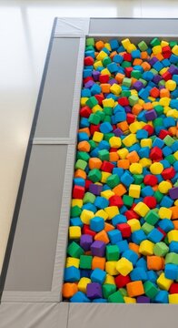 Above view of a colorful foam pit filled with cubes for gymnastics training, promoting safety and fun in active environments.