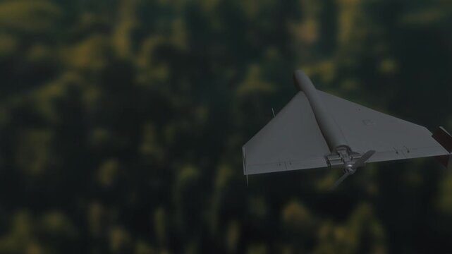 Delta wing kamikaze drone gliding over a dark blurry landscape from a high angle view in a clean 3D engineering render