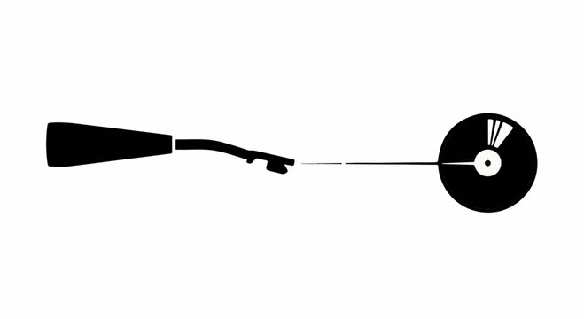 Stylized silhouette of a record player arm reaching for a vinyl disc, representing music and sound.