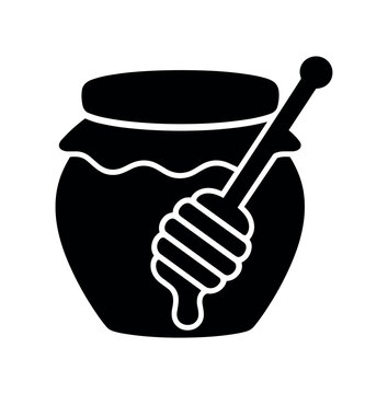 Honey jar icon. Honey pot, jar with dipper, sweet spread, beekeeping, breakfast, syrupy drip. Flat vector illustration isolated on white background.