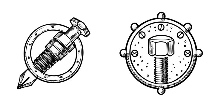 Set of two steampunk-style bolts and fasteners, ink drawing illustration, mechanical elements