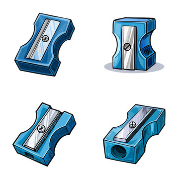 Set of colorful blue pencil sharpeners in different angles