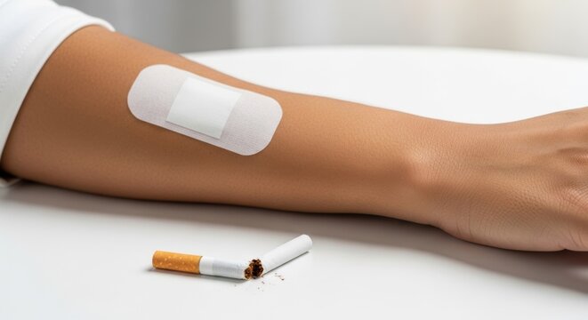 Nicotine patch on arm symbolizes quitting smoking with broken cigarette nearby on clean white table
