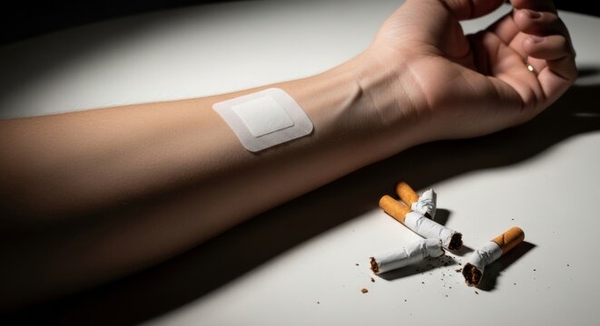 Person with nicotine patch on arm, surrounded by broken cigarettes, symbolizing smoking cessation struggle and determination