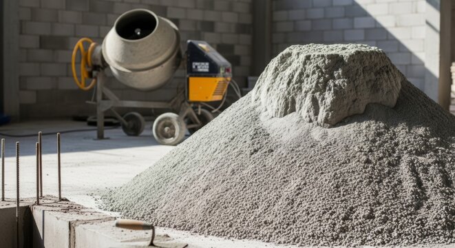 Massive cement powder mound on construction site floor with concrete mixer and rebar, raw materials for building