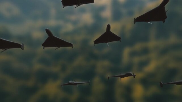 Swarm of military kamikaze drones flying in formation over a dense forest canopy in a 3D animation depicting a large scale aerial assault
