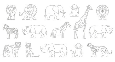 A collection of stylized outline African safari animals. © Putiagna