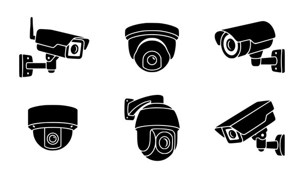 Six Security Camera Icons Black Vector Collection