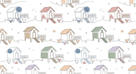 Cute Chicken Coop Pattern with Pastel Colors and Hand-Drawn Style © Delia