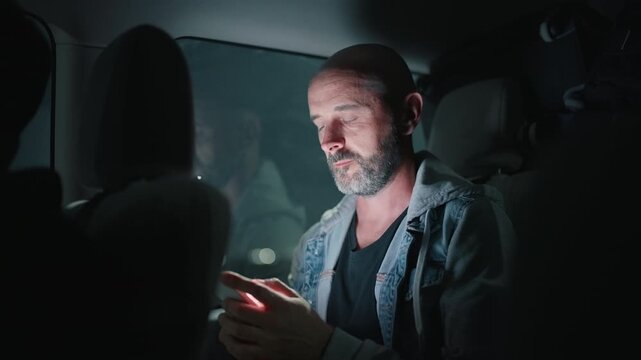 Middle-aged bearded man sits in minibus interior scrolling through smartphone during evening ride. Phone screen illuminates his face in dark vehicle cabin with city lights visible through window.