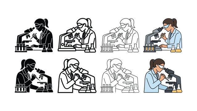 Line art illustrations of female scientists using microscopes in various color schemes and outlines