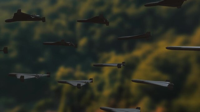 Large squadron of delta wing kamikaze drones flying forward over a blurred forest terrain in a realistic 3D animation concept