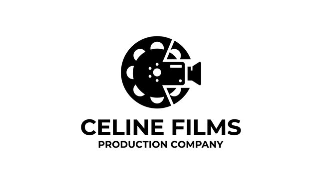 Film production company logo with reel and camera lens.