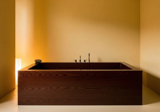 Luxurious wooden bathtub with modern chrome fixtures and soft ambient lighting
