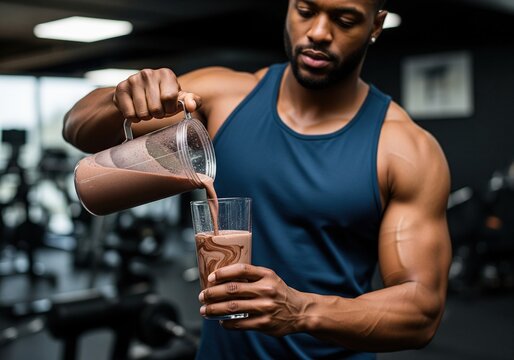 Muscular man in gym pouring protein shake into glass