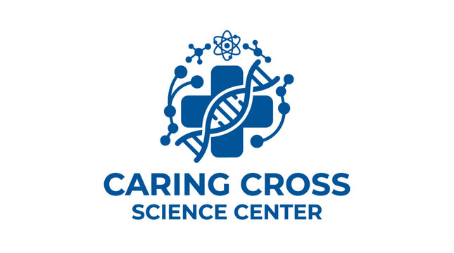 Caring Cross Science Center logo with DNA and atom.