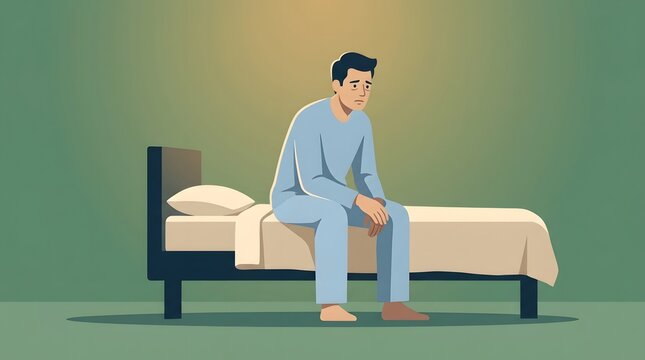 Man Sitting Alone on Bed: A man in pajamas sits slumped on the edge of his bed, looking worried and distressed. The dimly lit room and his somber posture convey a sense of loneliness and unease.