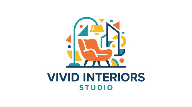 Vivid interiors studio logo with orange armchair and lamp.