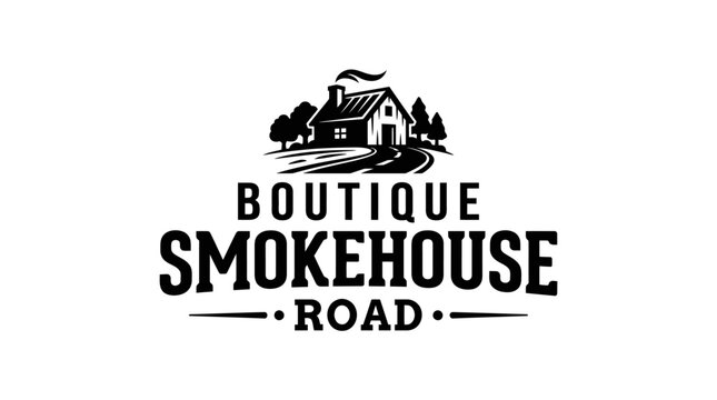 Rustic smokehouse cabin logo with trees and path.