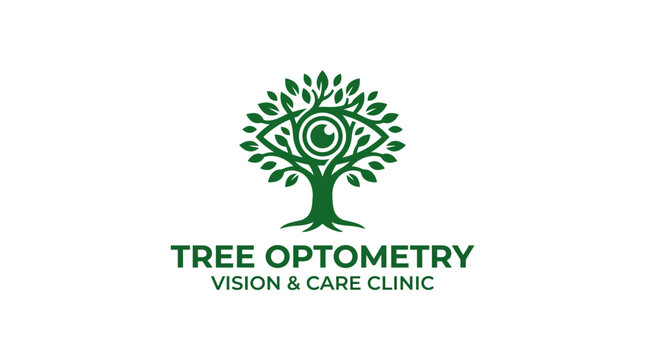 Tree optometry logo with eye in green foliage.