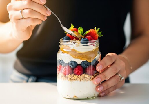 Overhead view of a woman's hands holding a spoon scooping a layered berry and yogurt parfait in a glass jar