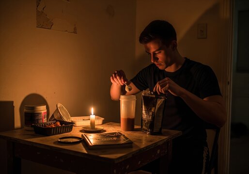 Man making protein shake by candlelight during power outage