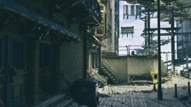 alley leading to industrial skyline and rooftop structures, layered pipes and metalwork silhouette against open sky, wide perspective with urban grit