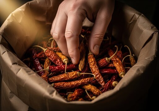 Close-up of a hand selecting dried red chili peppers from a paper bag
