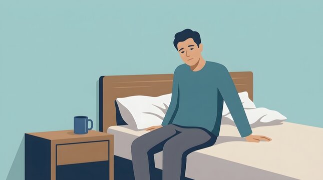 Man Sitting on Bed Feeling Lonely: A young man sits dejectedly on the edge of his bed in a dimly lit room, a mug of drink on the bedside table, evoking a sense of loneliness and introspection.