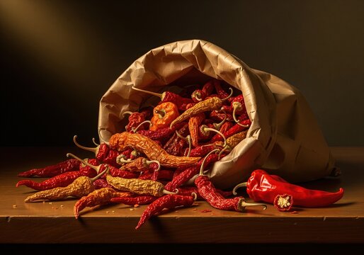 Abundant dried chili peppers spilling from a paper bag onto a wooden surface, studio lighting