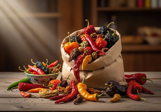 Assorted chili peppers spill from a paper bag onto a wooden table, a culinary still life