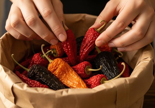 Hands sorting dried chili peppers in a paper bag